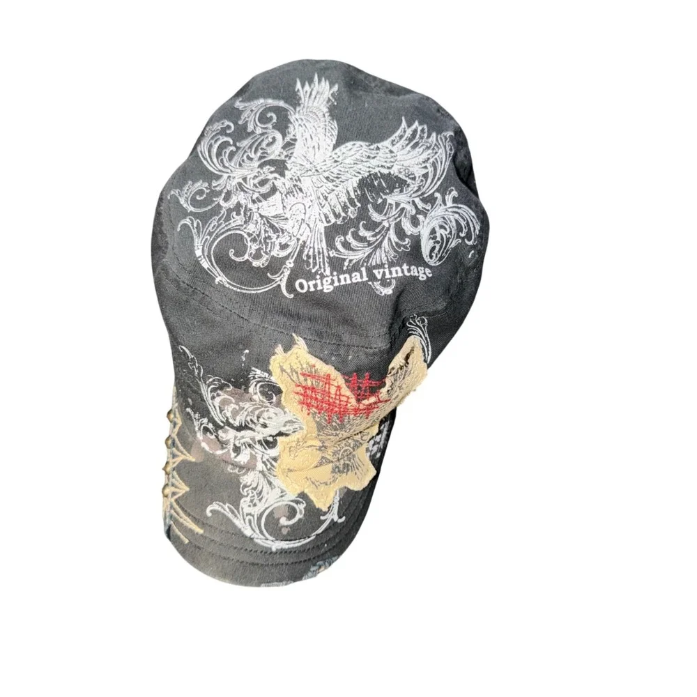 Original Vintage Cadet Cap Black Distressed Eagle Graphic Studded Military Hat